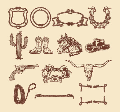Vintage hand drawn cowboy western illustration collection with rope frames, cactus, horse, revolver, saddle, longhorn skull, boots and hat in engraving style