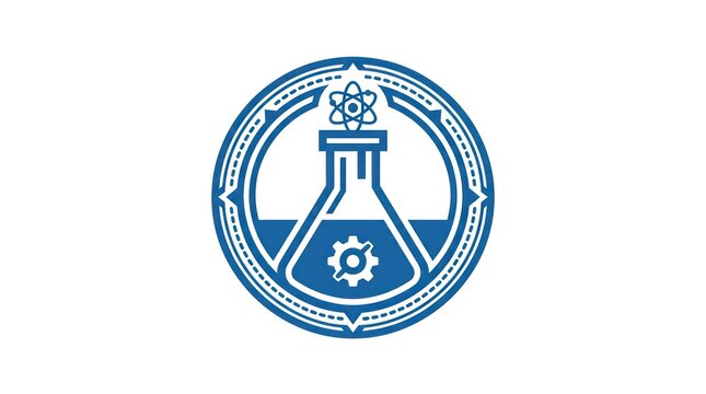 Laboratory logo with glass flask and molecular symbol in circular badge design. Scientific emblem featuring beaker icon for research, education, an...