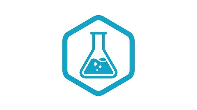 Laboratory flask icon in hexagon symbol. Scientific glassware vector for research and medical innovation.
