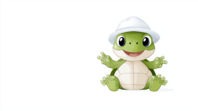 Cute cartoon turtle wearing white hat, smiling and waving. This adorable character is perfect for children illustrations and playful designs