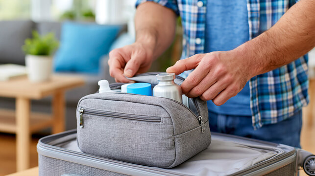 Person packing an essential travel medicine bag into an open suitcase, safe journey preparation, health prioritization, with copy space