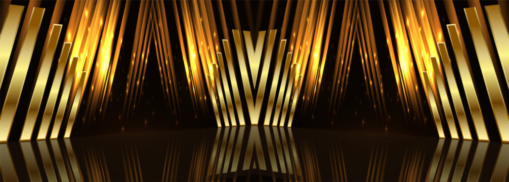 Award ceremony wide abstract luxury banner with golden shapes and light rays. Vector illustration background