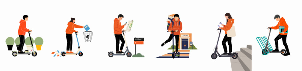Fototapeta premium A collection of flat vector illustrations depicting diverse people using electric scooters for commuting, errands, and urban mobility in a city setting.