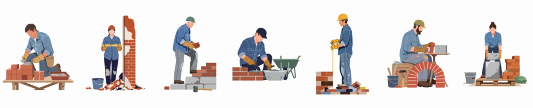 Flat vector illustration set of professional bricklayers and masons performing various construction and masonry tasks on a white background.