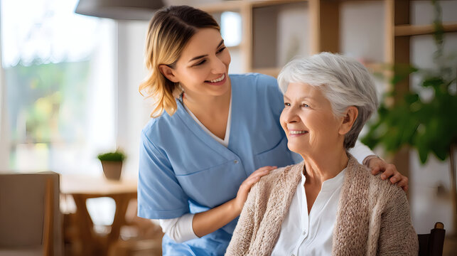 Smiling nurse or caregiver supporting happy elderly woman at home. Concept of senior care, healthcare assistance and companionship in comfortable domestic environment.