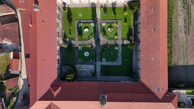Aerial drone view of the Santa Clara convent in Allariz, Spain