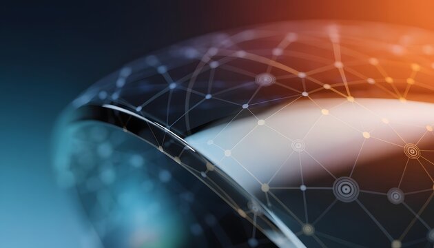 Abstract network connection and digital technology mesh. Data communication and abstract background design. Glowing lines and dots on a smooth glossy curve surface