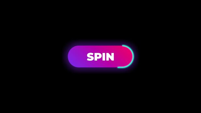 Neon glowing SPIN button with moving light trail, casino game UI animated loop on black background