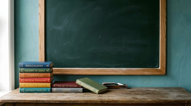 Blackboard with stack of humanities and philosophy books on wooden desk in classic classroom setup