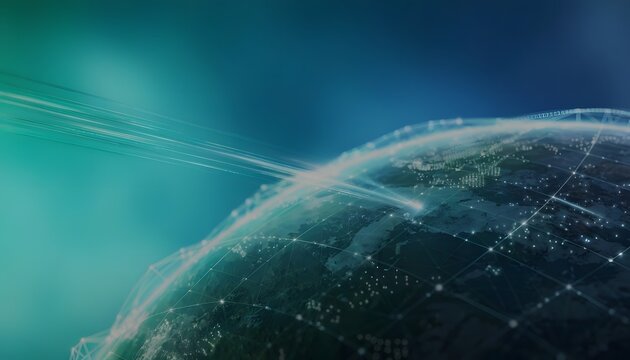 Planet earth view and global satellite telecommunication. World connection network infrastructure. Light beams crossing over digital globe mesh sphere with green space aura