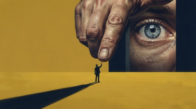 Conceptual art showing a giant eye and a small figure representing the authority's shadow and control.