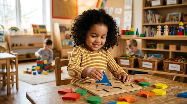 Young girl playing with a wooden shape sorting puzzle in a preschool classroom