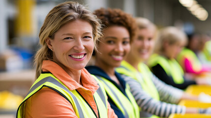 Fototapeta premium Diverse team of women packing orders in a busy warehouse fulfillment center, teamwork in logistics, with copy space
