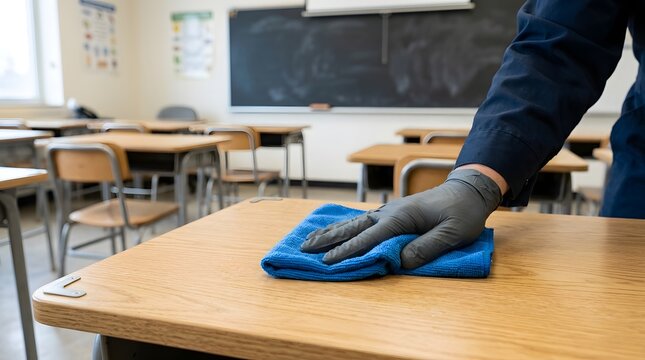 Closeup of a person wearing a glove cleaning a school desk with a blue microfiber cloth
