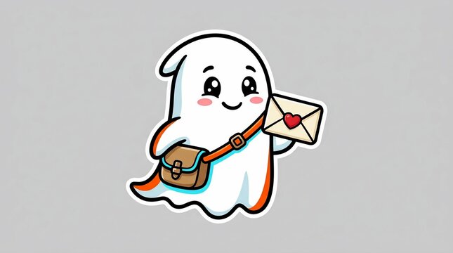 Cute white ghost character, a friendly spectral messenger, delivering a heartfelt love letter in a satchel
