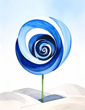 Blue spiral flower stands on a green stem in a light background with hills rising in the foreground