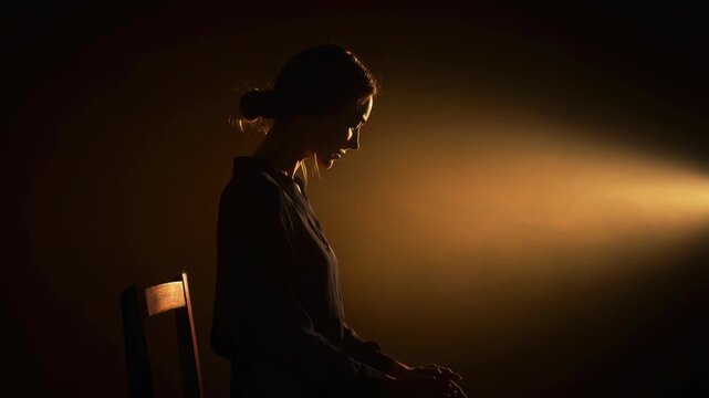 Silhouette of thoughtful woman sitting on wooden chair with warm light background