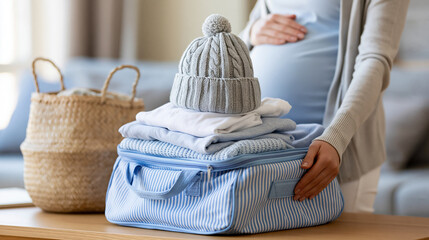 Fototapeta premium Pregnant woman packing a hospital bag with baby essentials, childbirth preparation, maternity readiness, with copy space