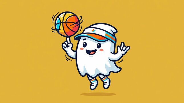 Cute cartoon white ghost playing basketball spinning a ball on finger 