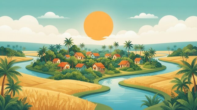 Beautiful scenery of golden fields and a small village under a warm sunlit sky.