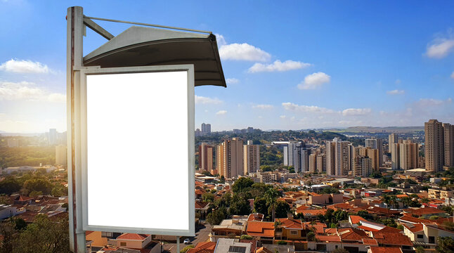 Blank White Billboard Mockup on Modern City Skyline Background Sunset