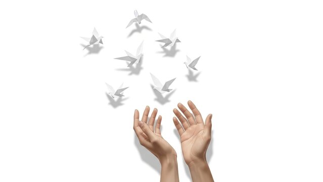 Human hands releasing several white origami paper birds into the air on a white background symbolizing peace freedom and hope for the future