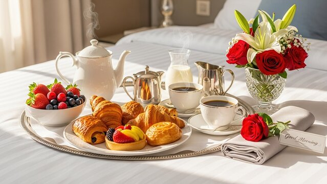 Luxury Hotel Room Service Breakfast with Fresh Pastries Coffee Fruit and Red Roses on a White Bed