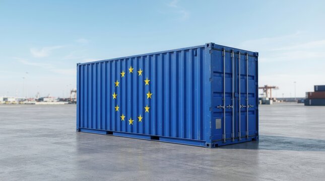 Economic activity and logistics represented by a blue container with the European Union logo.