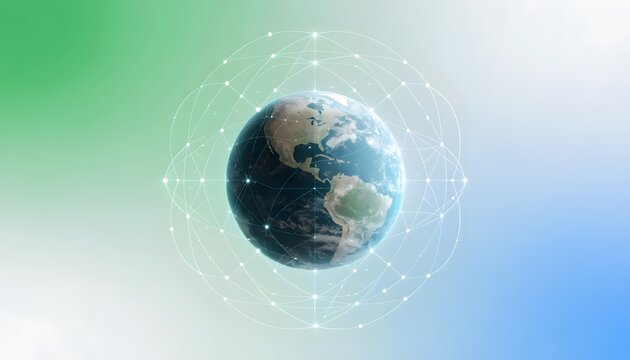 Secure global server and distributed cloud computing network. Worldwide digital web connection. Planet earth sphere floating in bright data line grid matrix