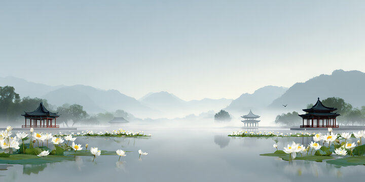 Illustration of traditional Chinese landscape with lotus flowers blooming in summer