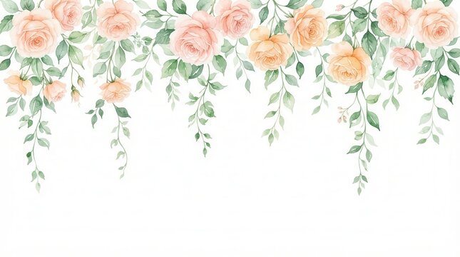 Graceful peach roses and green vines in a soft watercolor floral border design.