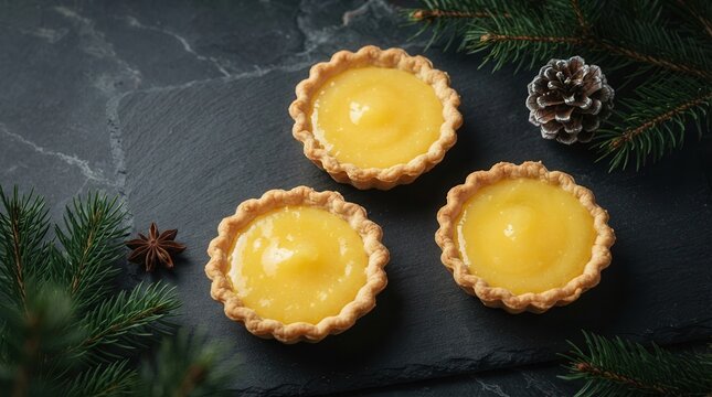 Christmas themed dessert scene featuring three fruit tarts with pine branches on a dark textured surface.