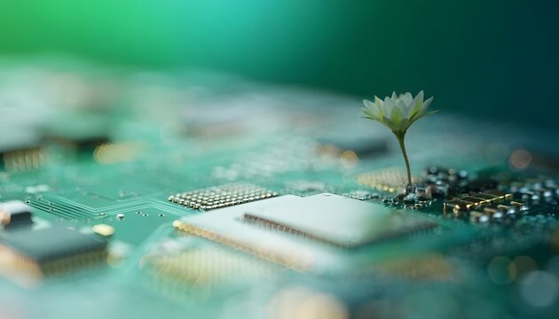 Eco technology concept and sustainable green hardware circuit. Environmental computing and renewable smart energy. Small white flower growing from digital computer motherboard