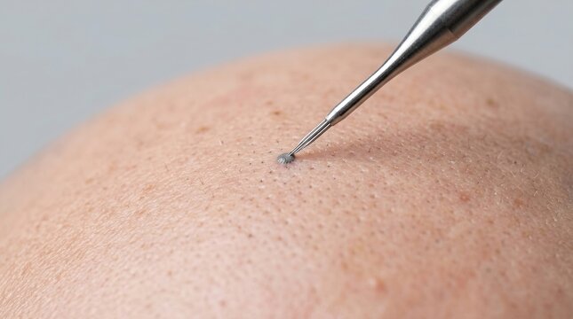 Macro shot of dermatologist removing a small skin mole with professional electrocautery pen