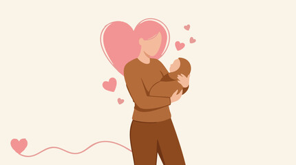 Minimalist illustration of a loving mother holding her newborn baby with hearts