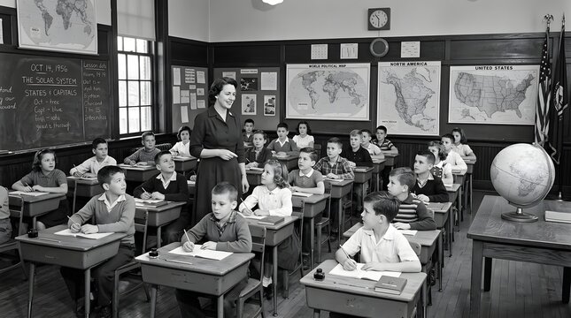 Vintage 1950s classroom with teacher and students