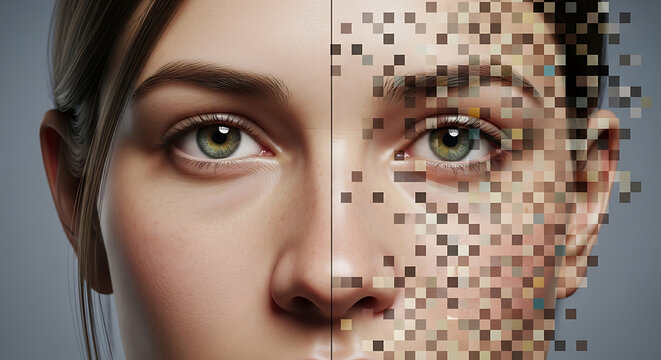 Digital transformation depicts a human face split between organic skin and pixelated data visualization.