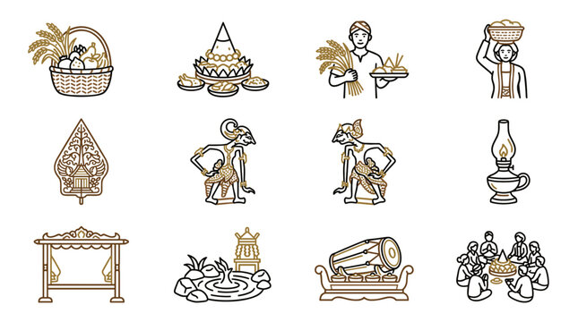 Indonesian Culture Icons: Batik, Wayang, Rice Harvest, Gamelan, Traditional Village Life