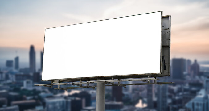 Blank White Billboard Mockup on Modern City Skyline Background Sunset