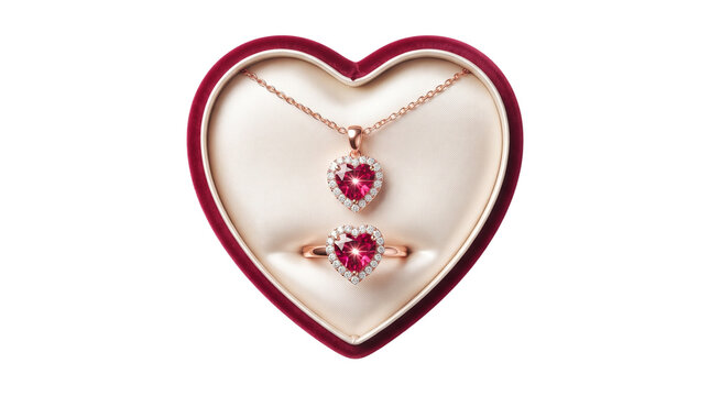 Elegant ruby heart jewelry set in velvet gift box, rose gold necklace and ring with red gemstones, luxury romantic anniversary present on white background