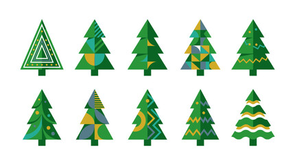 Obraz premium Christmas trees display a collection of modern patterns and abstract shapes to celebrate the winter holiday season.