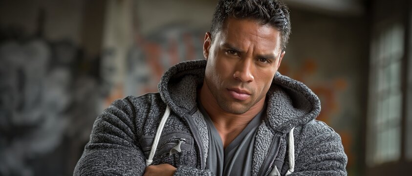 A determined man with a stern expression stands against an urban background featuring graffiti.