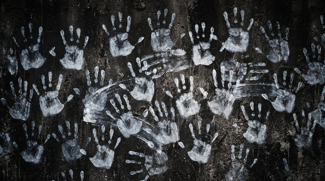 Creepy white handprints smeared on dark glass surface representing horror and mystery