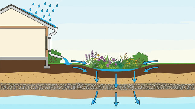 Rain Garden Stormwater Management Diagram cross-section showing water filtration from roof to groundwater through soil layers ideal for environmental education and sustainable landscaping projects.
