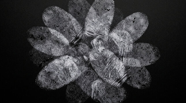Macro close up of human fingerprint texture imprinted on dark natural organic leaf surface