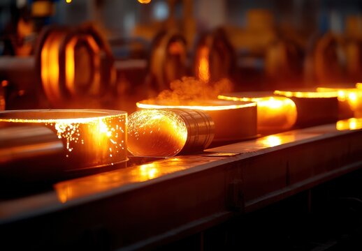 Hot metal cylinders being processed in a steel factory, sparks flying during the manufacturing process