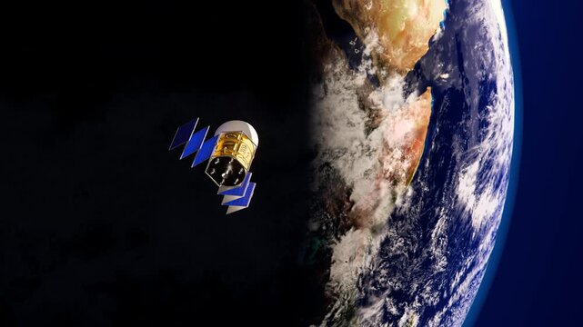 A communications satellite extending and aligning its solar panels orbiting around the earth. 3d render