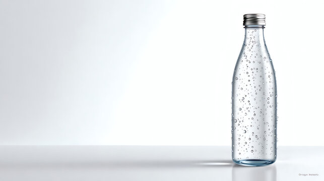 Glass bottle with sparkling water and bubbles on white background. Minimalistic design, fresh and clean concept. Copy space.