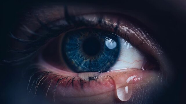Close up of human blue eye with tear drop showing emotion and detailed eyelashes in dark lighting