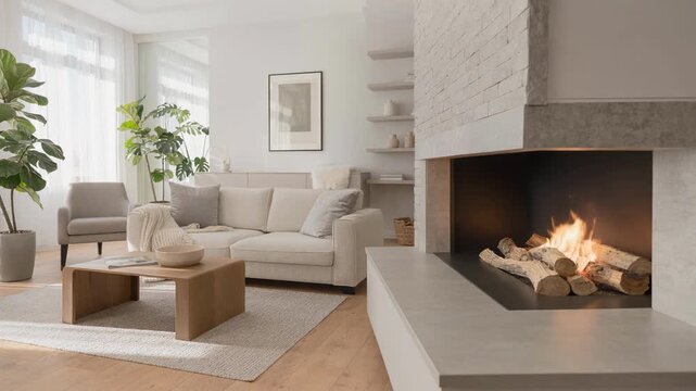 Cozy modern living room with beige sofa wood coffee table fireplace and indoor plants in natural light